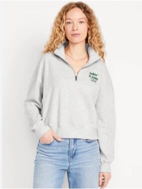 Old Navy "Take It Easy Club" Gray Quarter Zip Cropped Boxy Sweatshirt Size XL